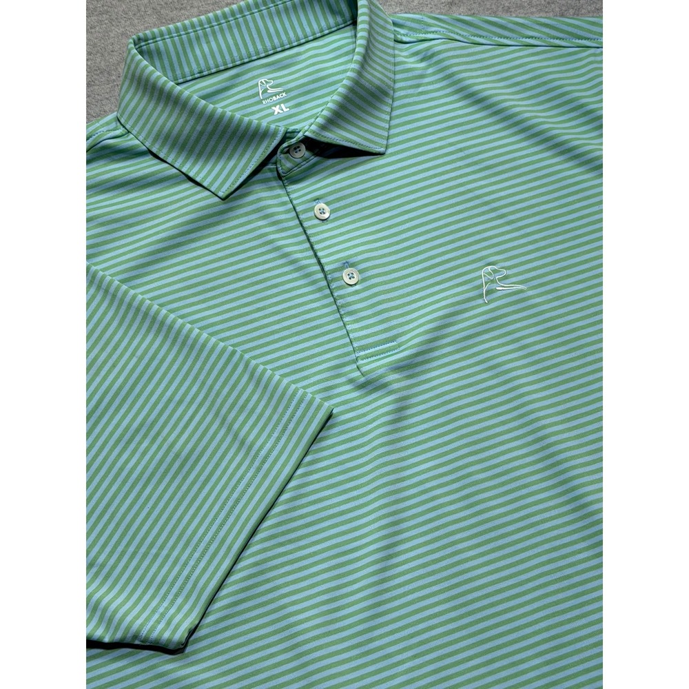 Rhoback Mens XL Performance Polo Shirt Green Blue Striped Short Sleeve Golf